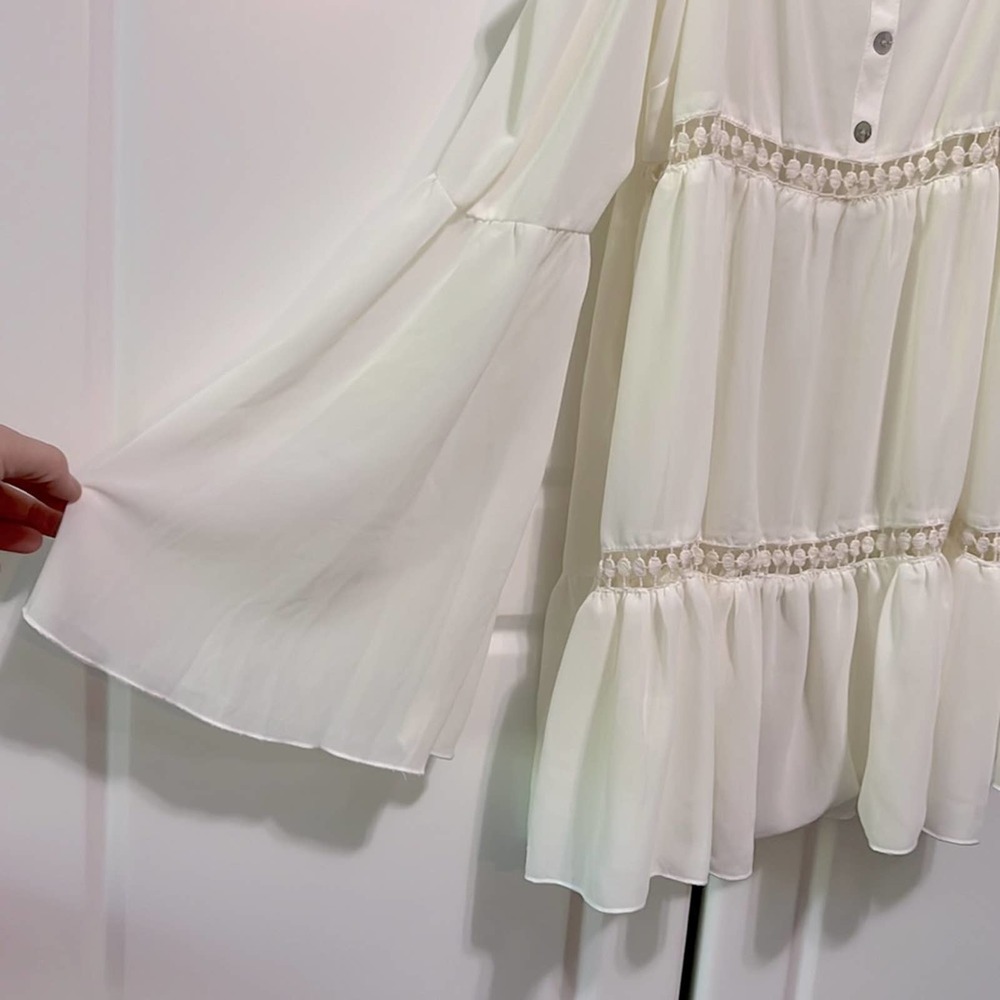 Cream Sheer cold shoulder Blouse Sz S bell sleeves